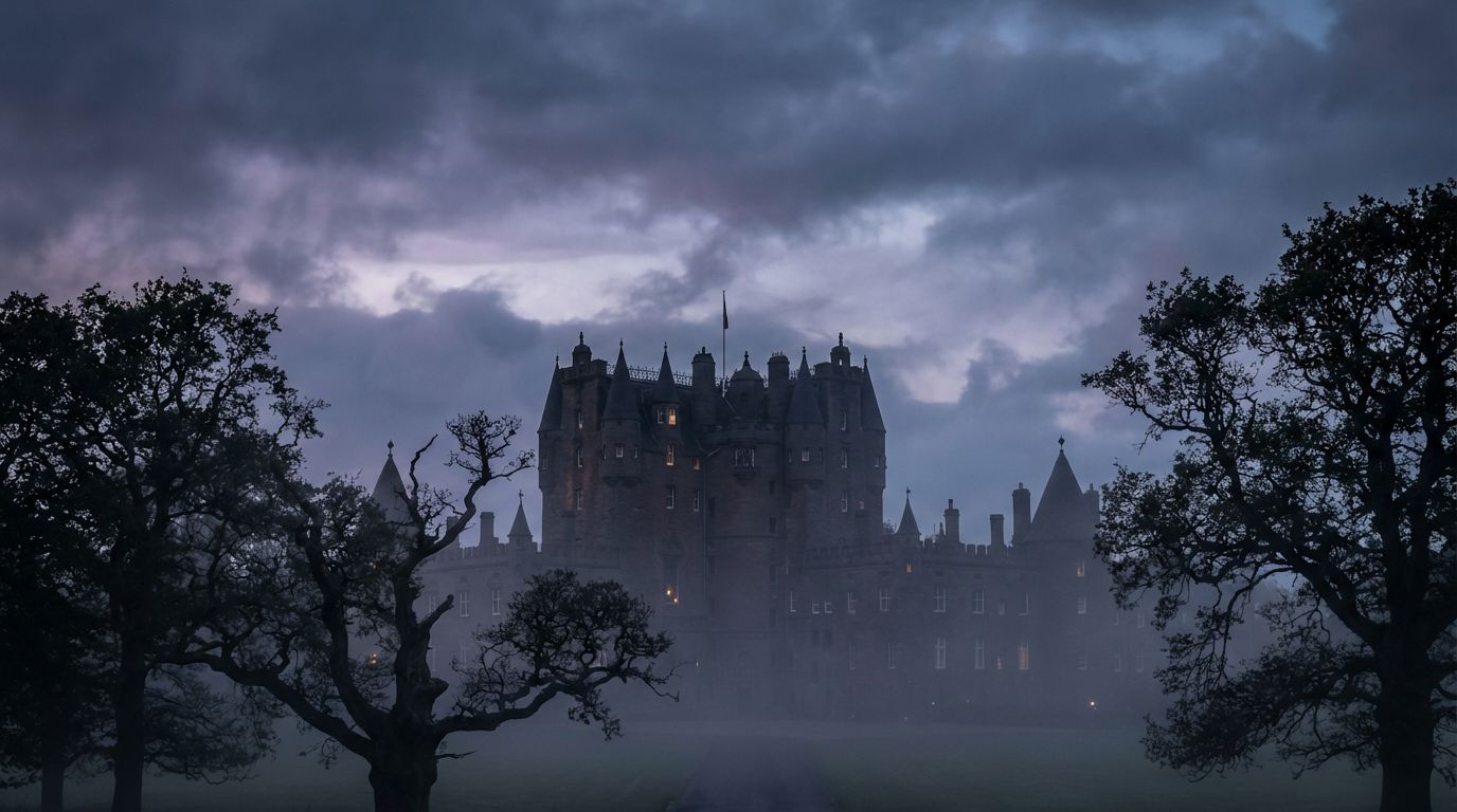 Le château de Glamis dans la brume du soir
