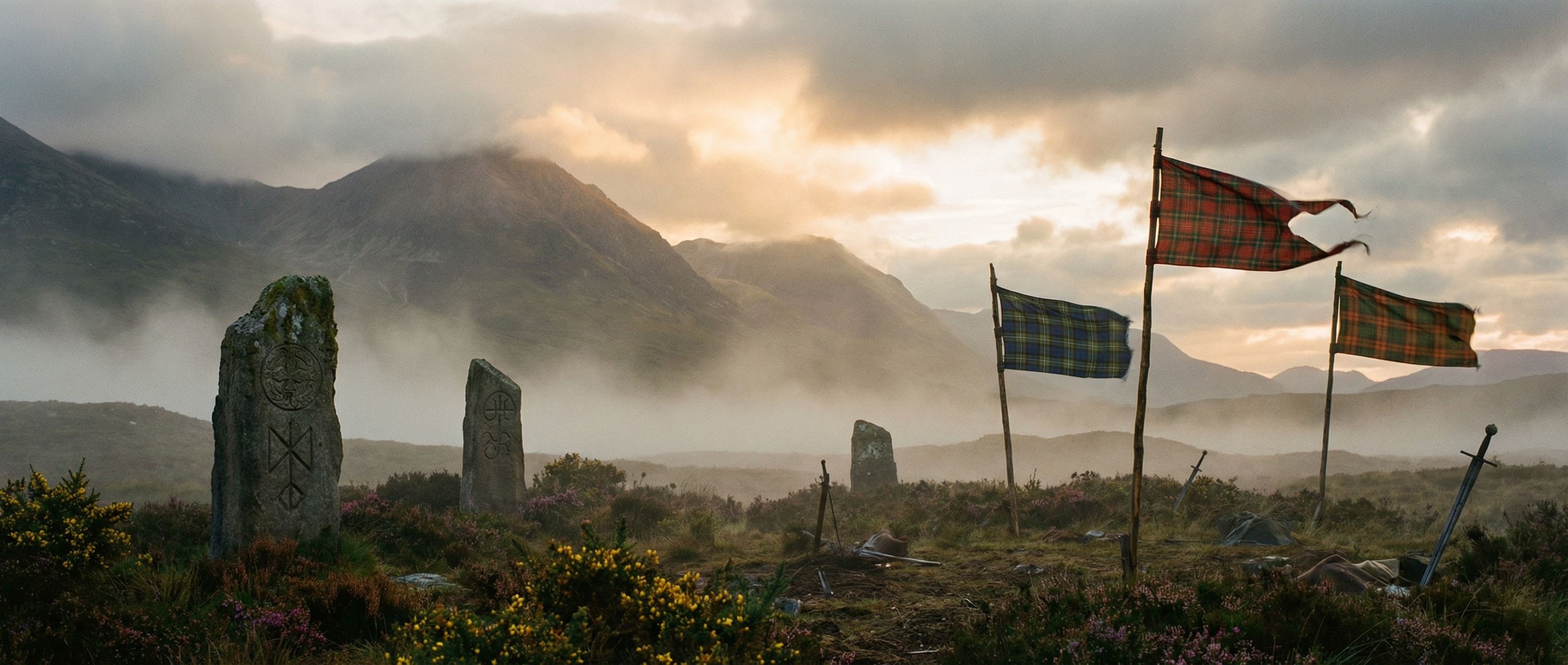 Blasons et tartans des clans écossais exposés dans un musée des Highlands