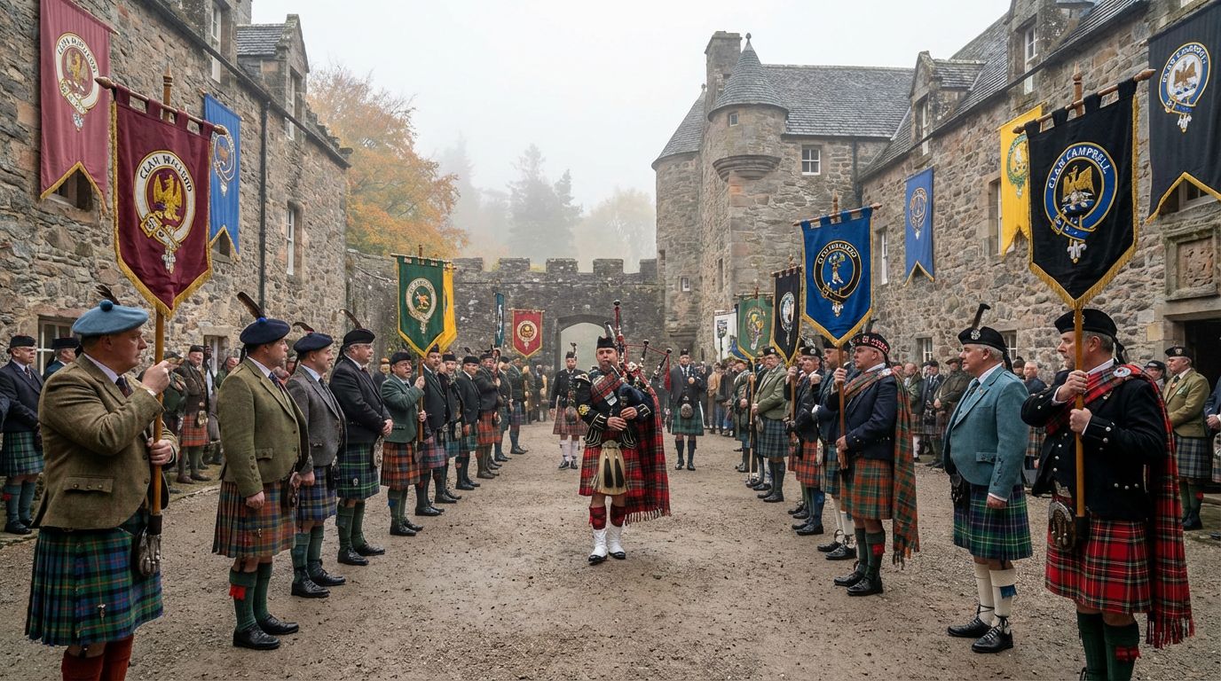 Rassemblement de clans en tenue traditionnelle écossaise