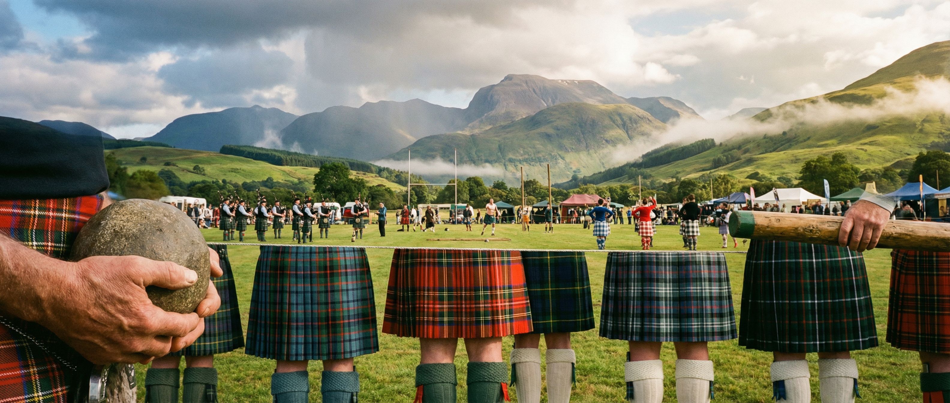 Joueur de cornemuse portant un kilt écossais traditionnel lors d'un Highland Games