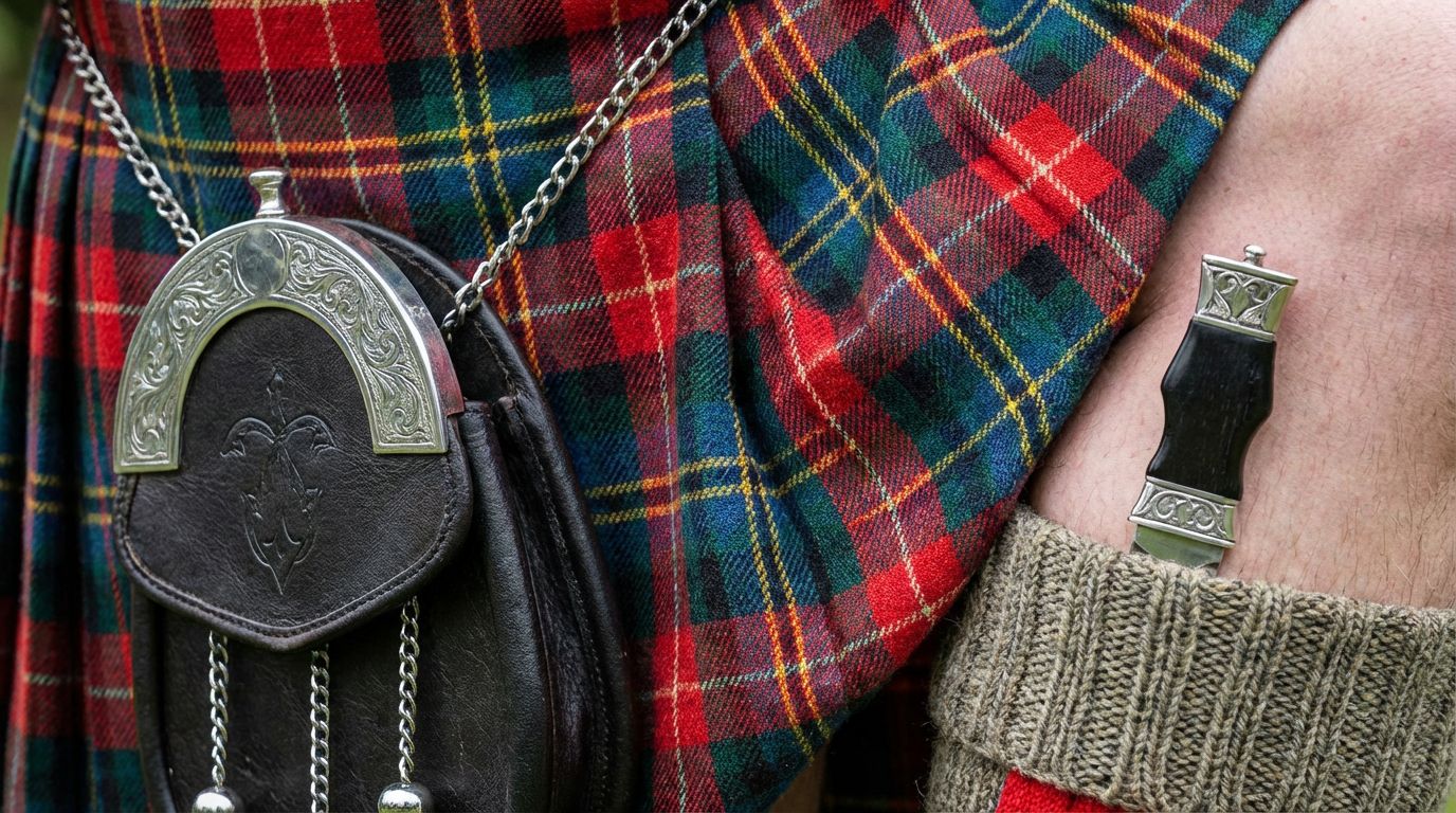 Détail d'un kilt écossais traditionnel avec sporran