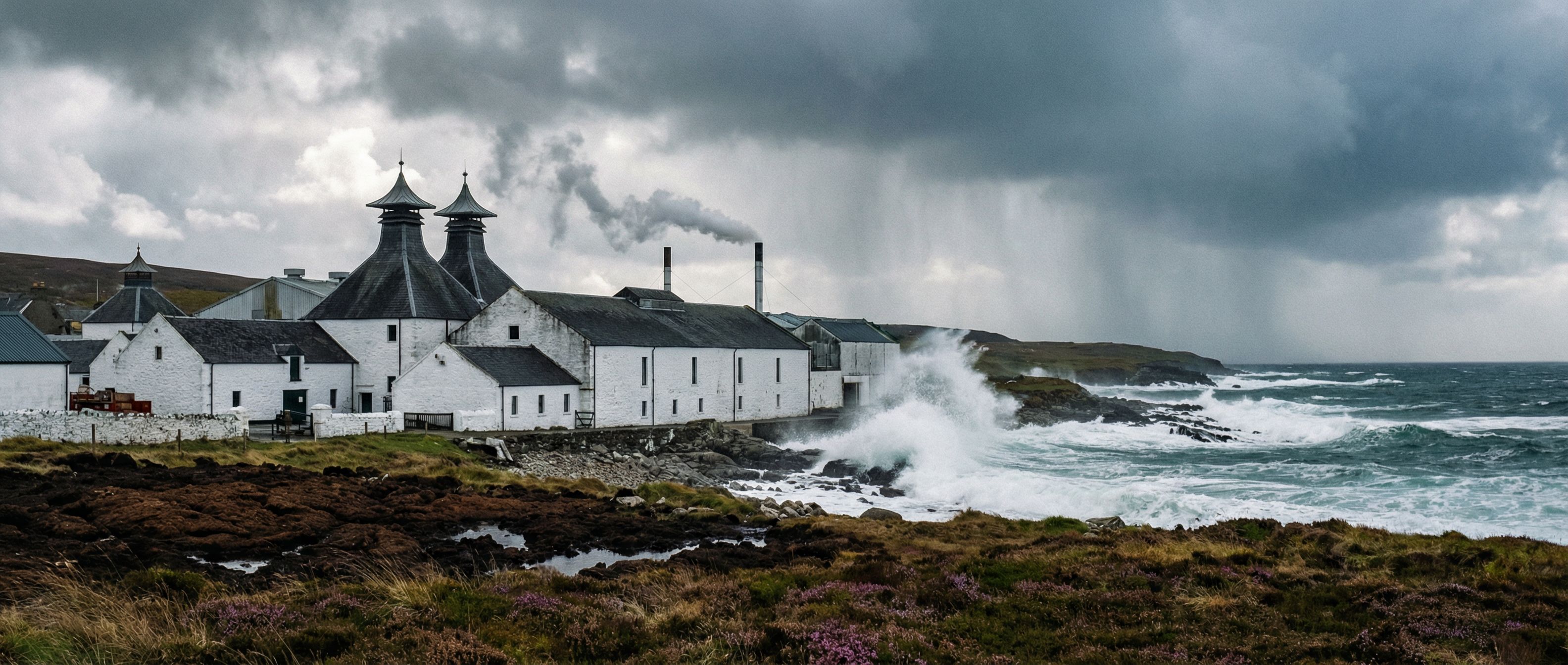 Verre de whisky tourbé ambré posé sur de la tourbe devant une distillerie d'Islay