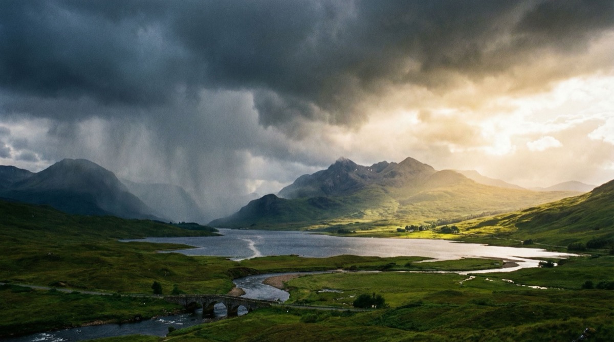 Ciel orageux avec percée de soleil au-dessus des Highlands et d'un loch écossais